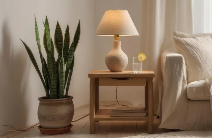 Bogenhanf in einem Topf neben einem Holztisch mit Tischlampe im Wohnraum